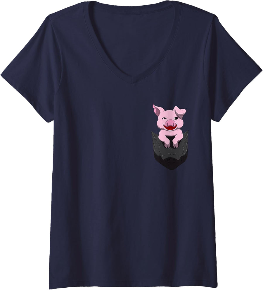 Womens Pig Pocket Shirt Cute Swine Piglets Pigs Lover Pockets Tee V-Neck T-Shirt - Navy Blue