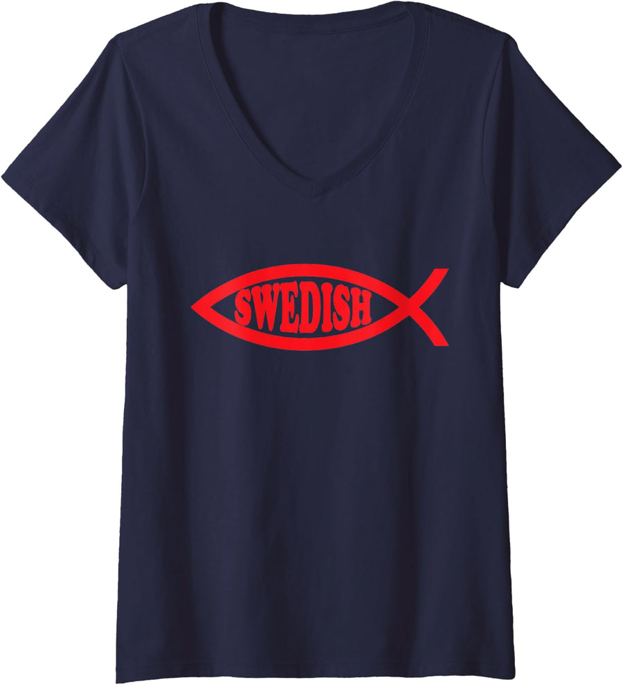 Womens Swedish Fish Darwin Evolution Atheists Nonbeliever Gift V-Neck T-Shirt - Navy Blue