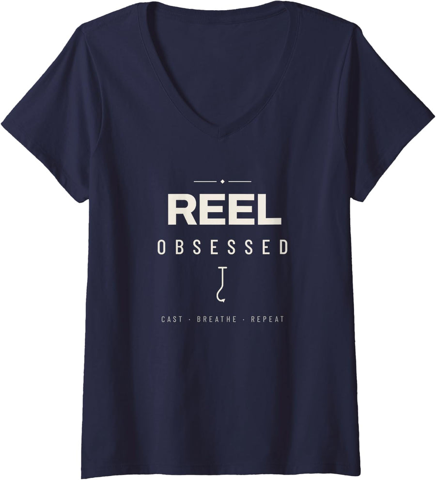 Women's Fishing Reel Obsessed Fly Rod Tackle Box Funny Angler V-Neck T-Shirt - Navy Blue
