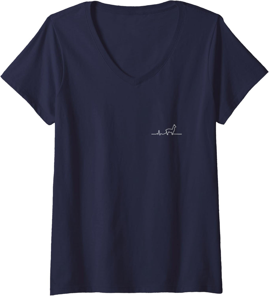 Women's Alpaca Heartbeat Minimalist Animal Lover Design V-Neck T-Shirt - Navy Blue