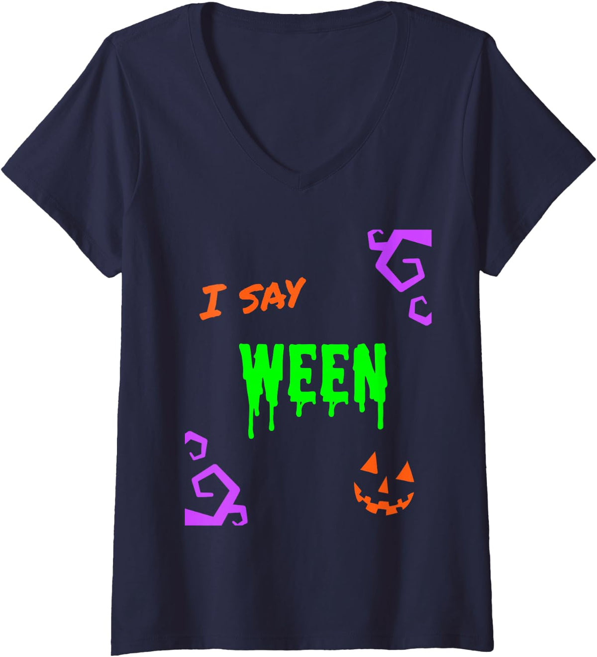 Women's Couples Costume Halloween Matching I say Hallo You say Ween V-Neck T-Shirt - Navy Blue