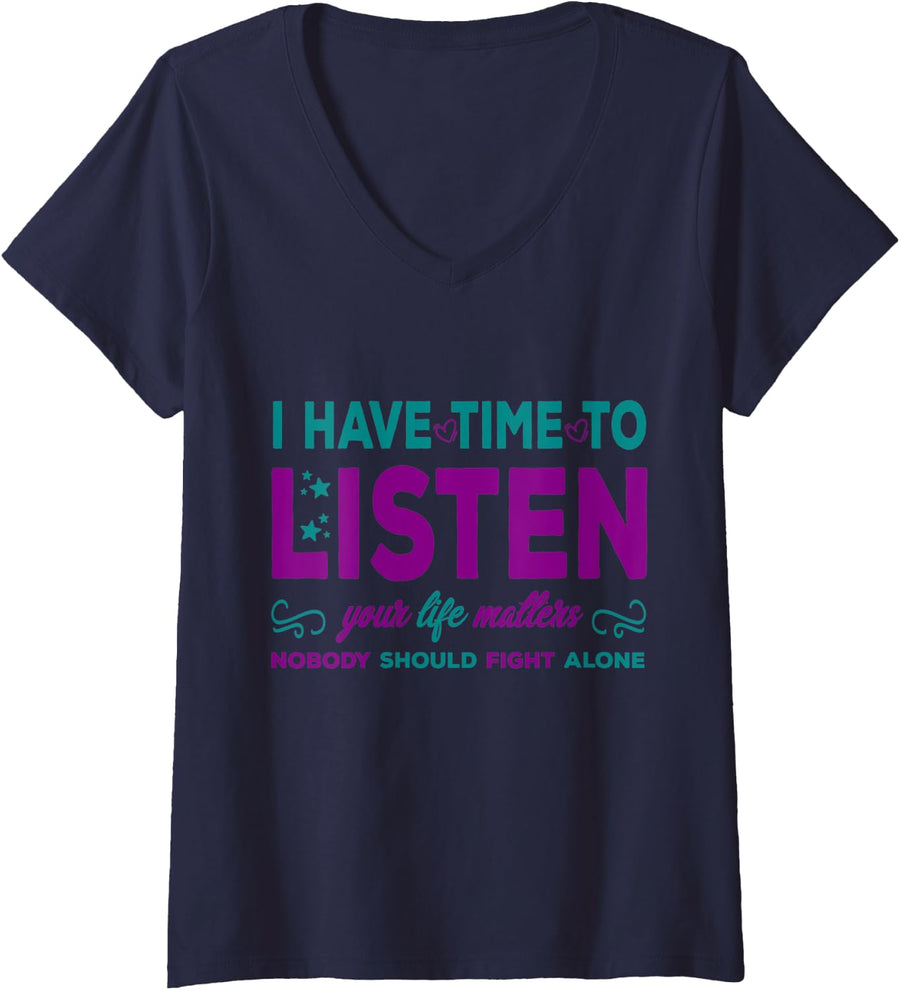 Womens I Have Time to Listen - Suicide Prevention V-Neck T-Shirt - Navy Blue