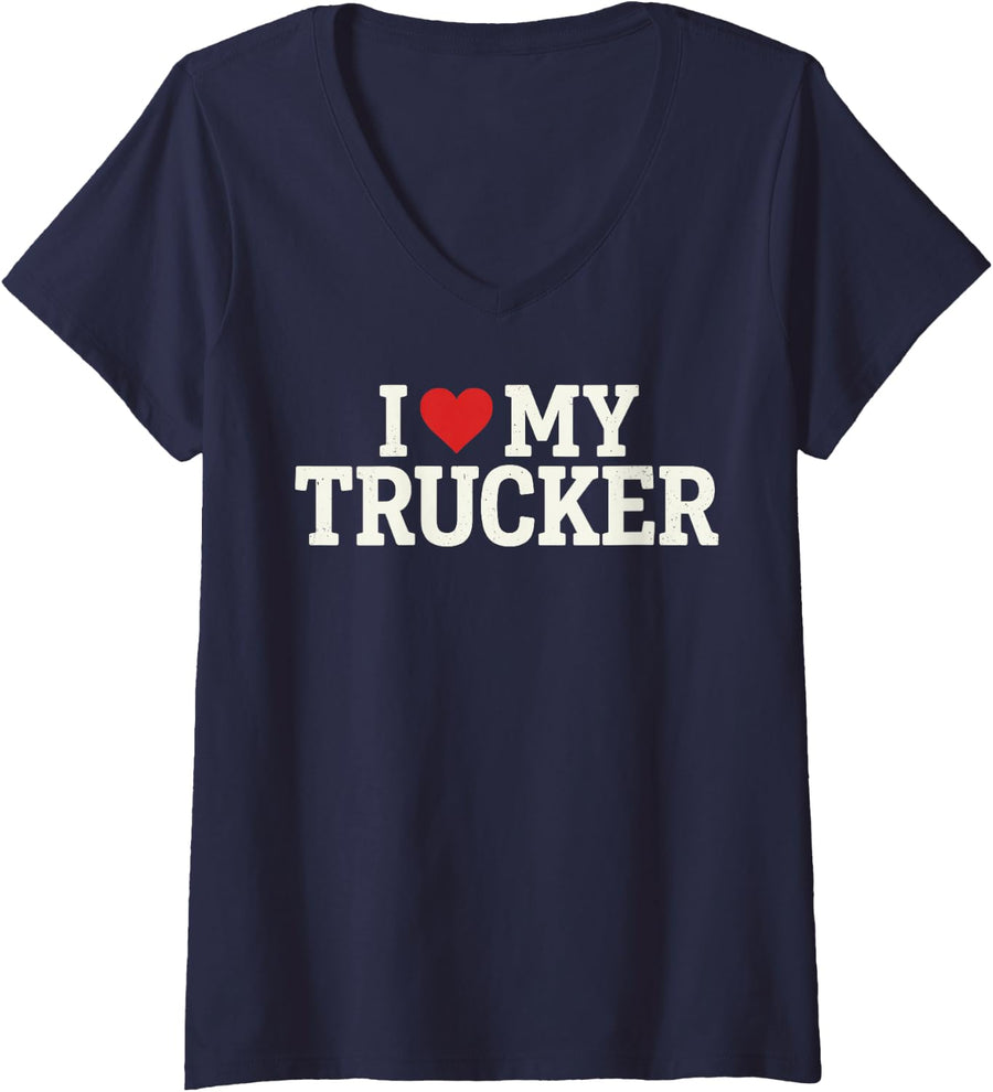 Women's I Love My Trucker Trucker Wife Truck Driver Semi Truck Tee V-Neck T-Shirt - Navy Blue