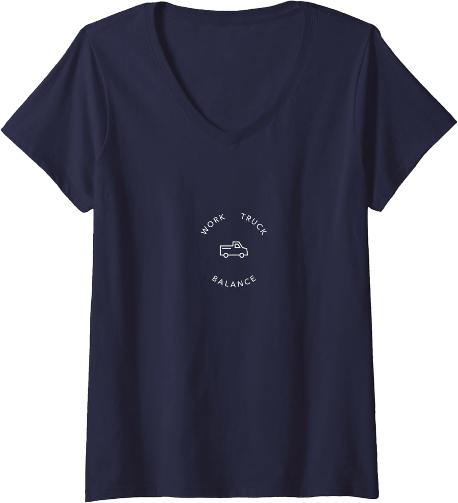 Women's Work Truck Balance Funny Pun Truck Driver Minimalist V-Neck T-Shirt - Navy Blue