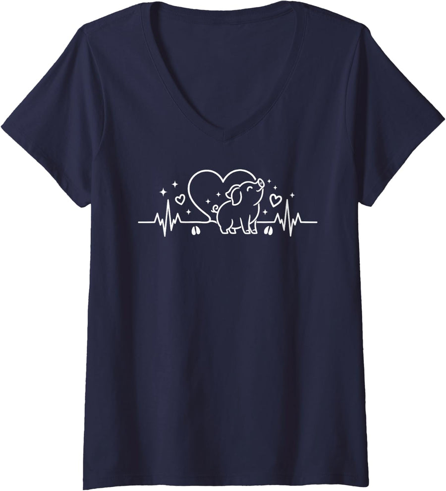 Women's Pig Heartbeat Cute Piglet Heart Pulse EKG V-Neck T-Shirt - Navy Blue