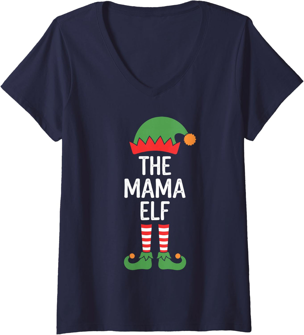 Women's The Mama Elf Funny Matching Family Christmas for Moms V-Neck T-Shirt - Navy Blue