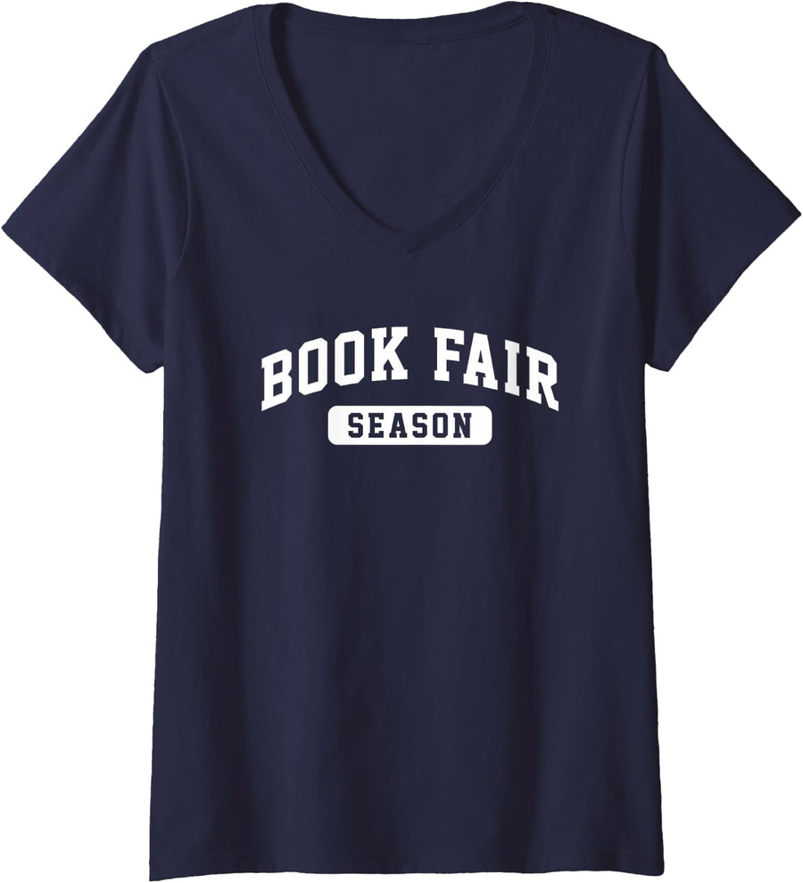 Women's Varsity Style Book Fair Season V-Neck T-Shirt - Navy Blue