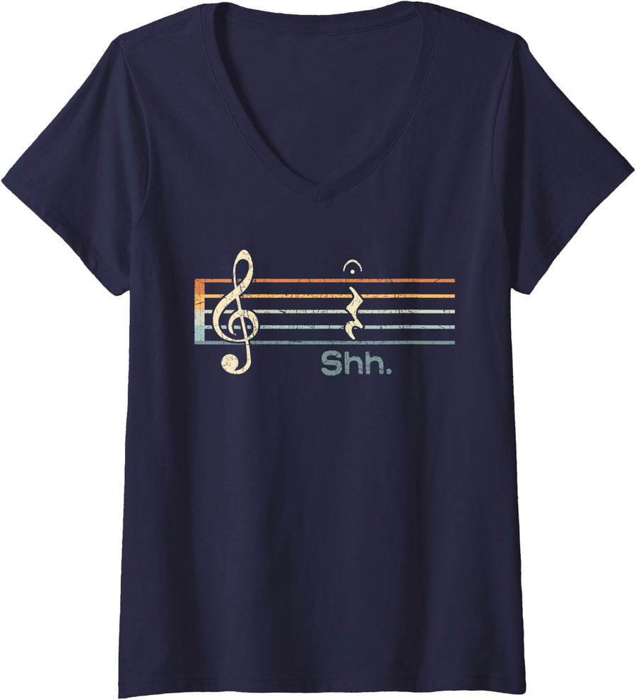 Womens Funny Music Shh Quarter Rest and Fermata Notation Musician V-Neck T-Shirt - Navy Blue