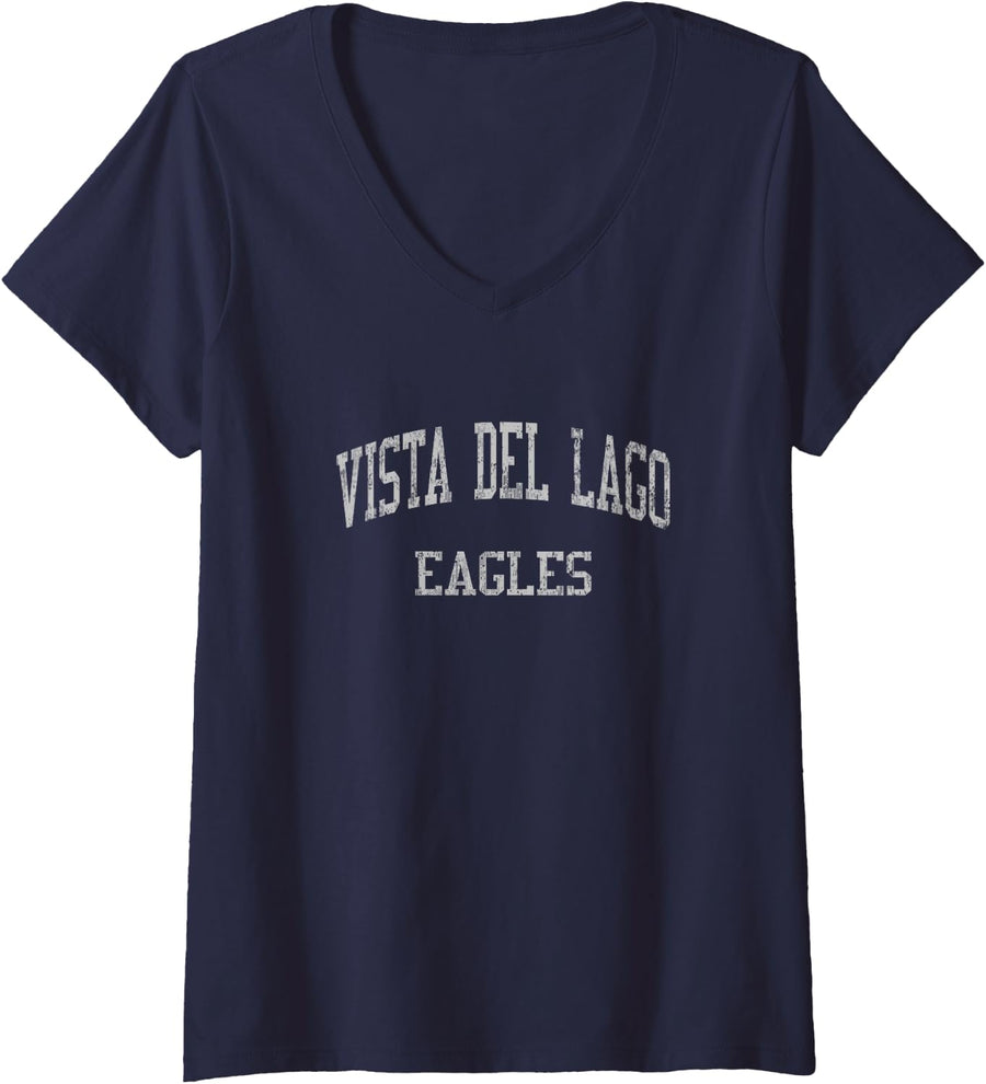 Womens Vista Del Lago High School HS Folsom CA Vintage Sports V-Neck T-Shirt - Navy Blue