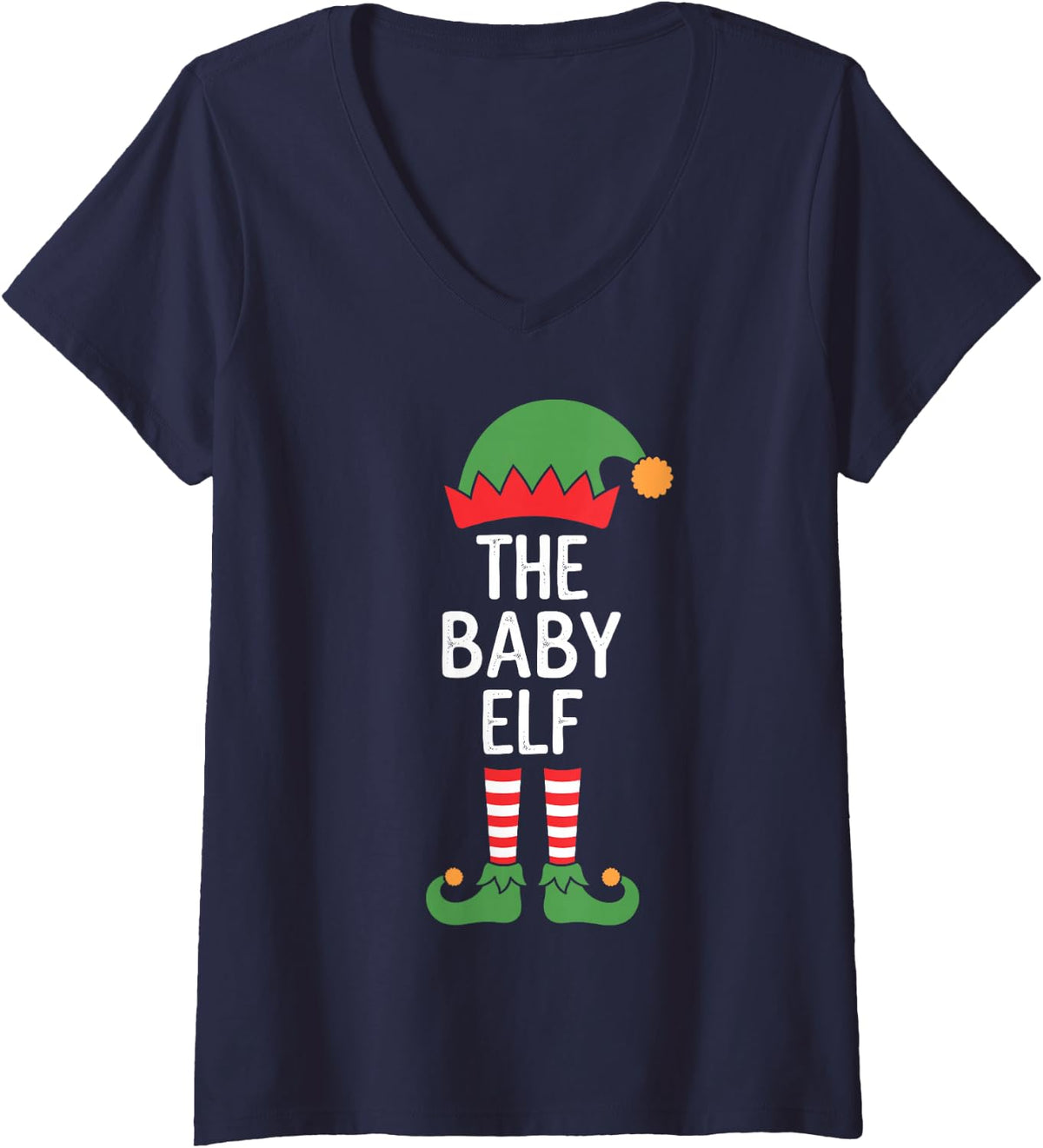 Women's The Baby Elf Cute First Christmas Matching Family Pajama V-Neck T-Shirt - Navy Blue