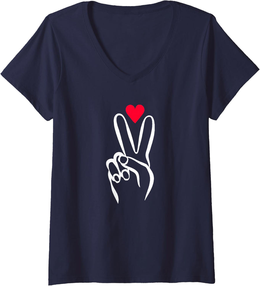 Women's Peace and Love Hand Sign with Heart V-Neck T-Shirt - Navy Blue
