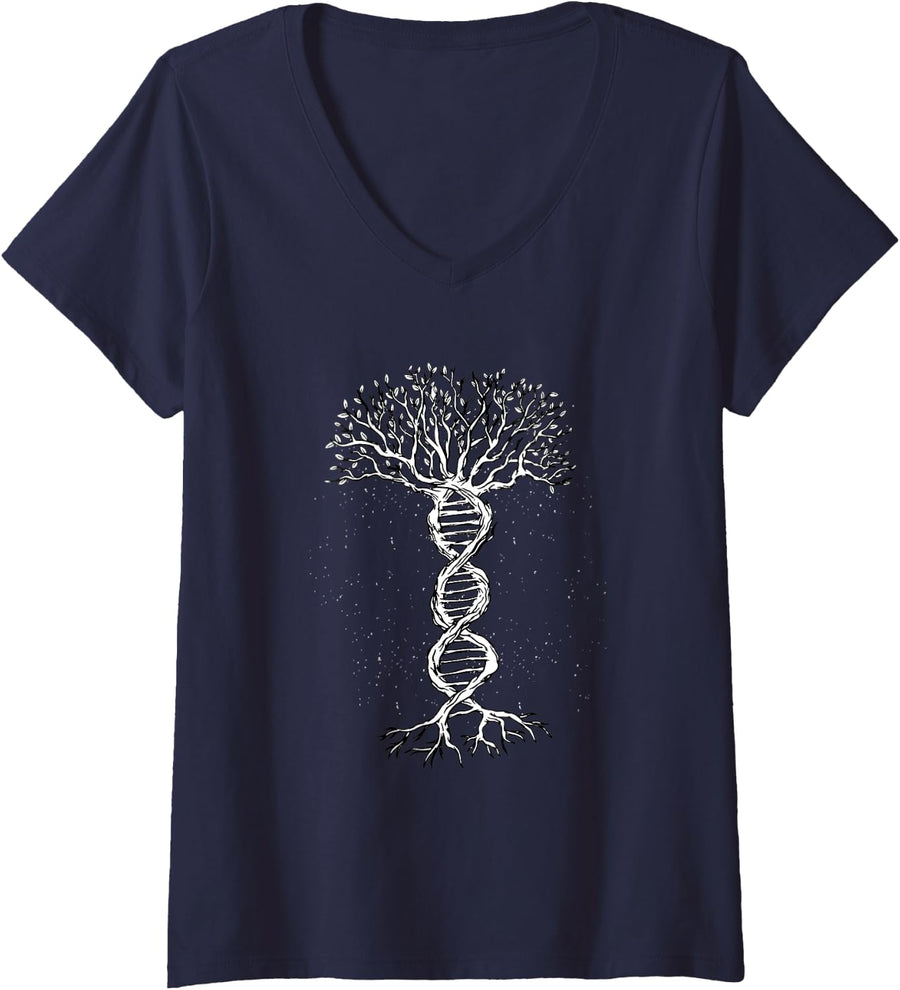 Womens DNA Tree Life Genetics Biologist Science V-Neck T-Shirt - Navy Blue