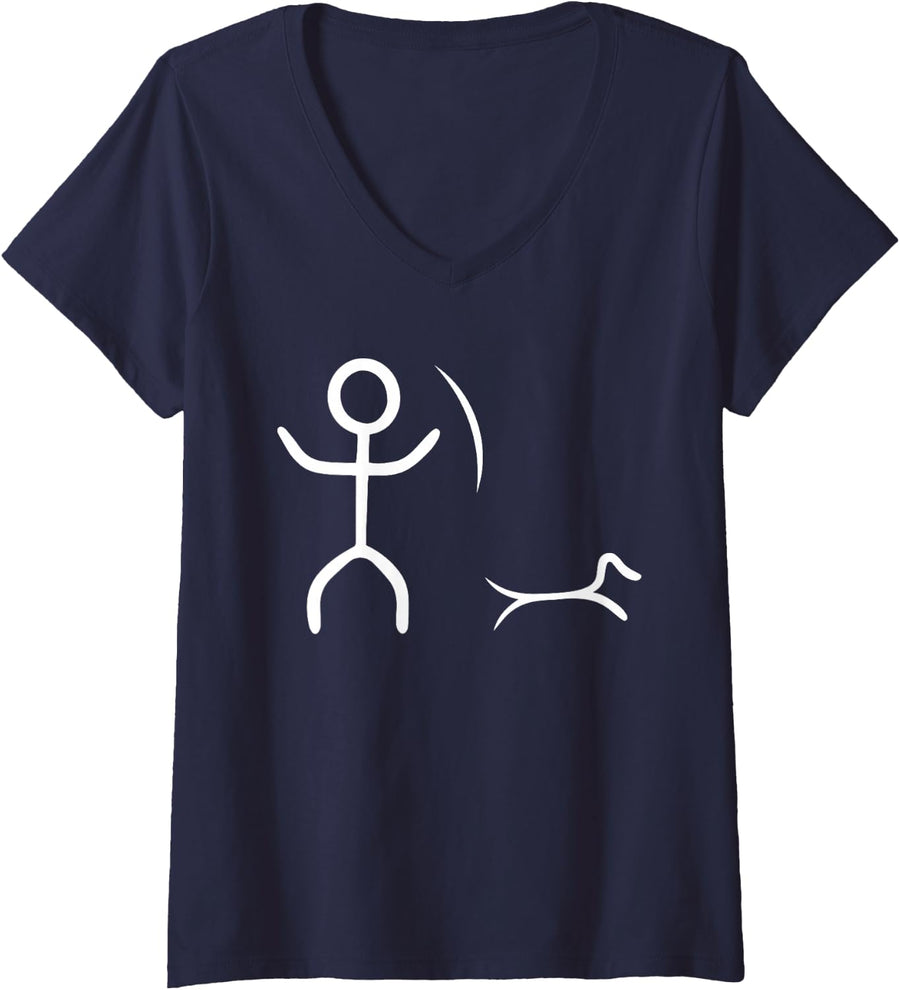 Women's Stick-Man Fathers Day Hunter Outdoor Hunting Figure Dog V-Neck T-Shirt - Navy Blue