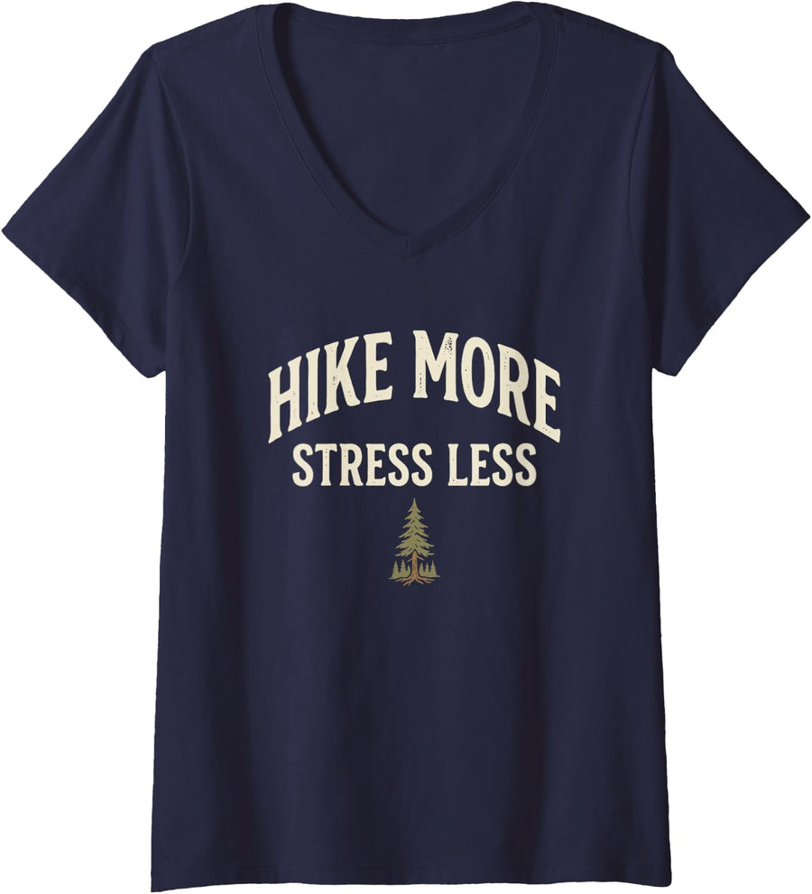 Women's Hiker Hike More Stress Less Trail Walking V-Neck T-Shirt - Navy Blue
