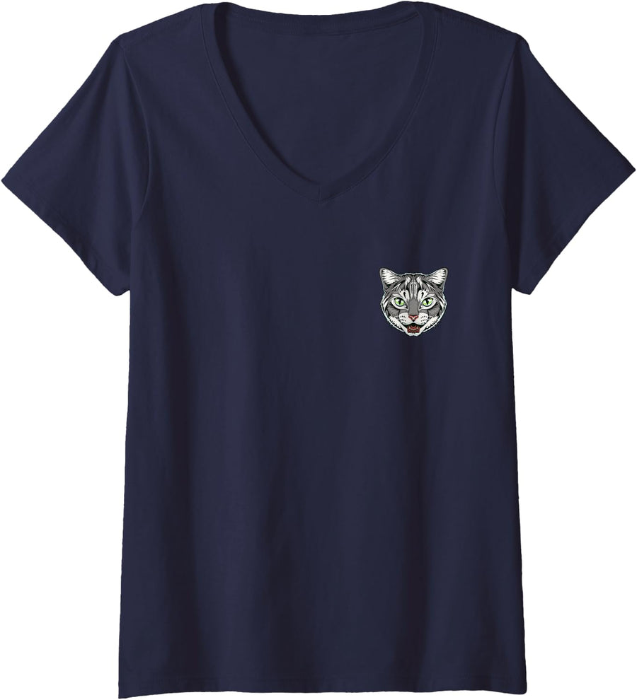 Women's Cat Face Grey Green Eyes V-Neck T-Shirt - Navy Blue