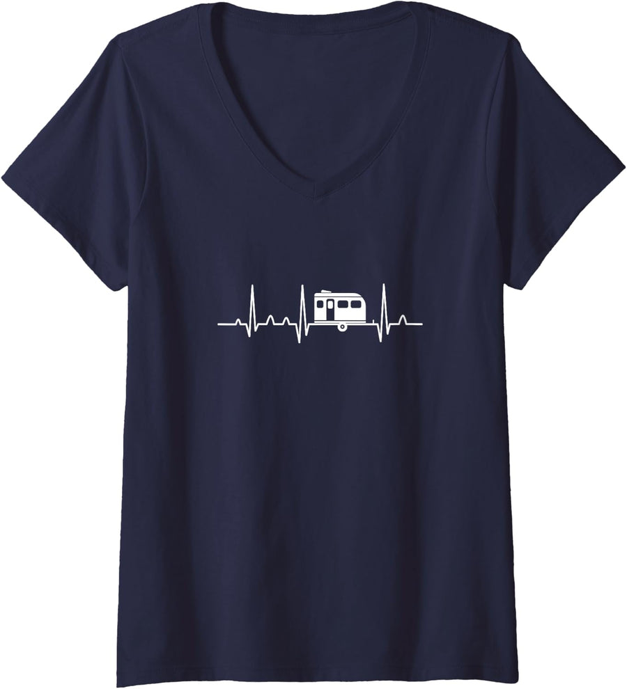 Women's RV Camper Heartbeat Clothing His and Her Funny Camping Gifts V-Neck T-Shirt - Navy Blue