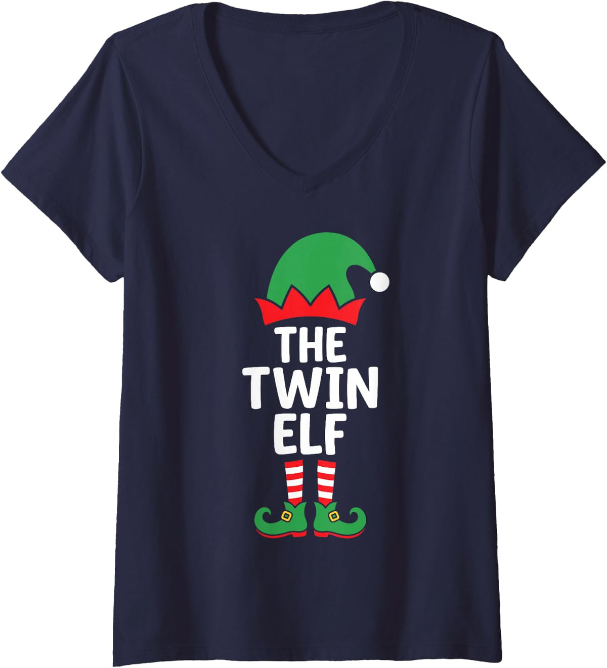 Women's The Twin Elf Funny Christmas Eve Matching Family Team V-Neck T-Shirt - Navy Blue