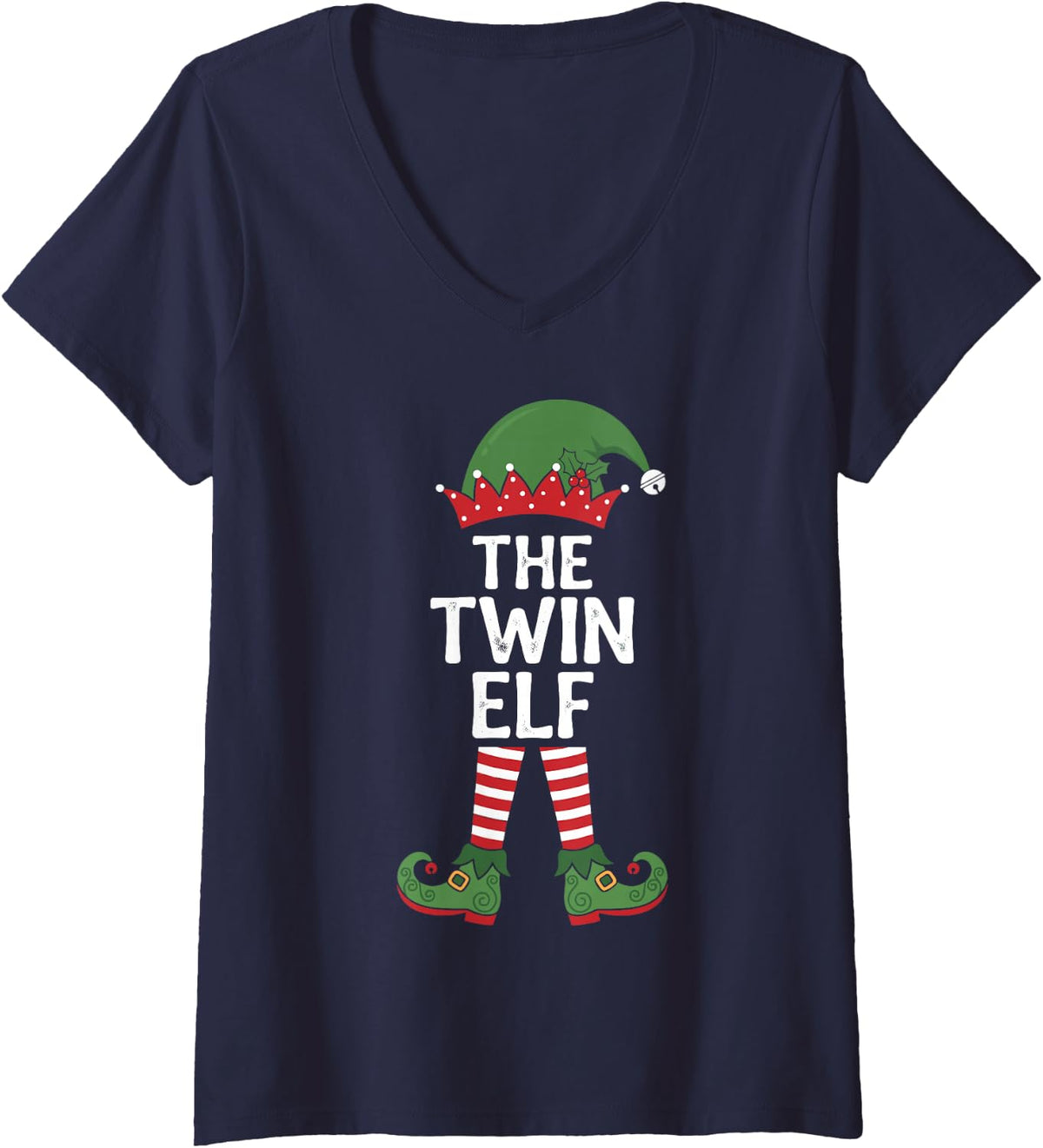 Women's The Twin Elf Funny Xmas Party Family Group Matching V-Neck T-Shirt - Navy Blue