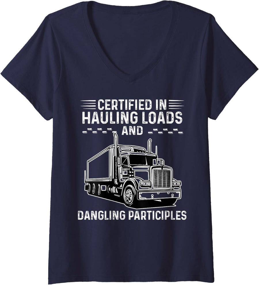 Women's Cool Trucker Big Rig Semi Trailer Truck Driver Hauling Loads V-Neck T-Shirt - Navy Blue