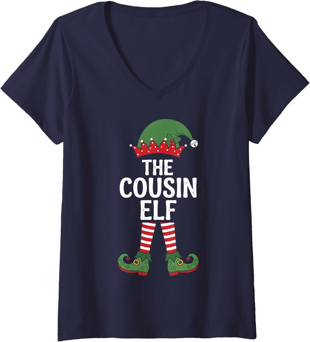 Women's The Cousin Elf Holiday Xmas Party Matching Family Group V-Neck T-Shirt - Navy Blue