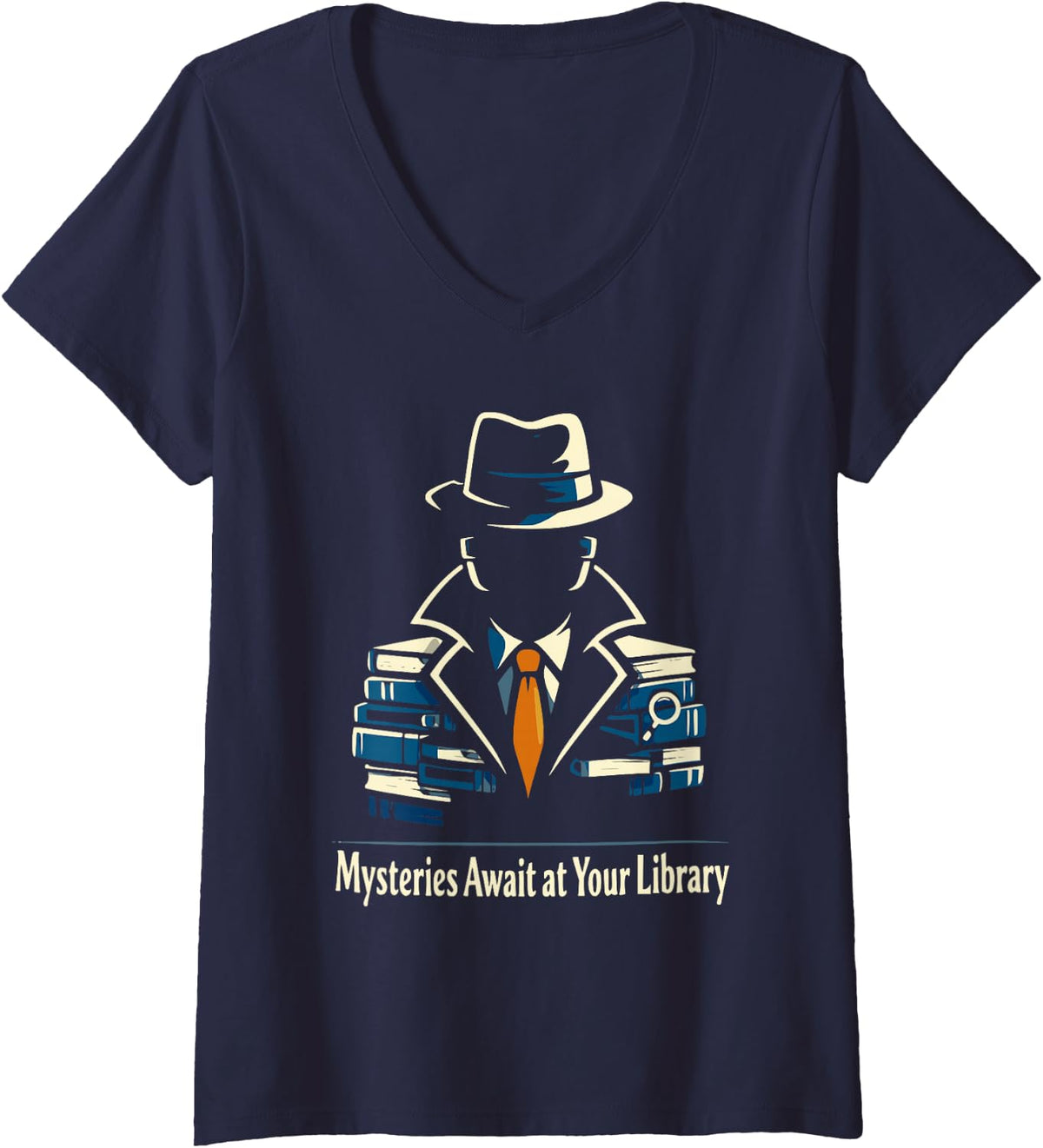 Women's Mysteries Await at Your Library Modern Detective Summer Read V-Neck T-Shirt - Navy Blue