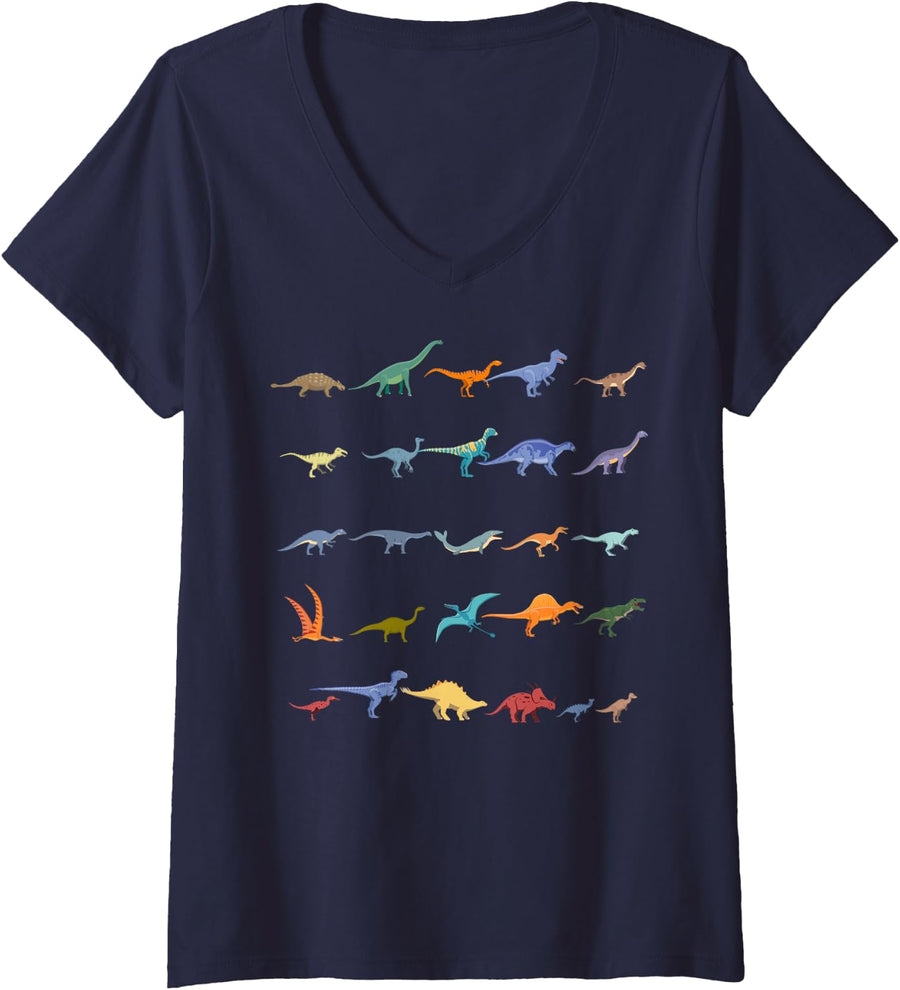 Women's Types of Dinosaurs Dino Identification Cute Vintage Chart V-Neck T-Shirt - Navy Blue