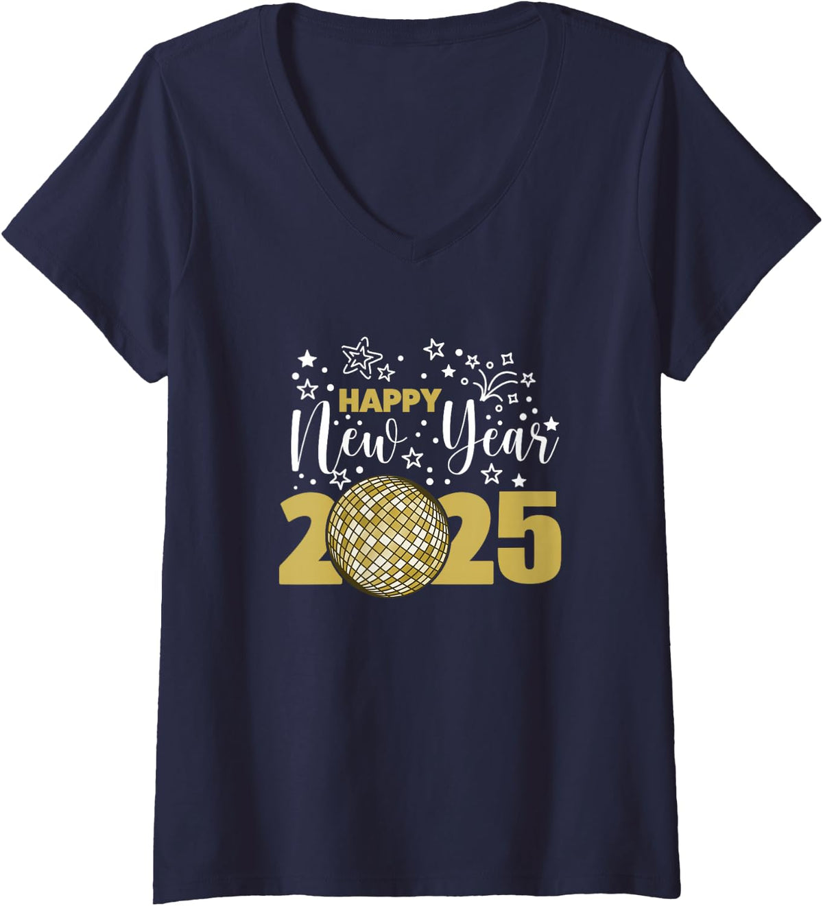 Women's New Years Eve Party Supplies Happy New Year 2025 V-Neck T-Shirt - Navy Blue