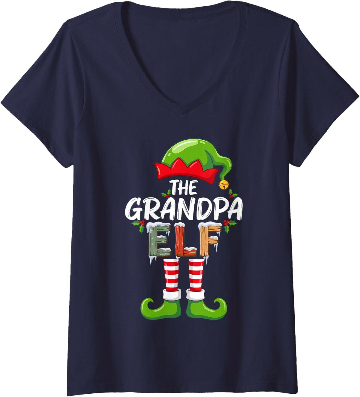 Women's The Grandpa Elf Christmas Morning Matching Family Crew V-Neck T-Shirt - Navy Blue