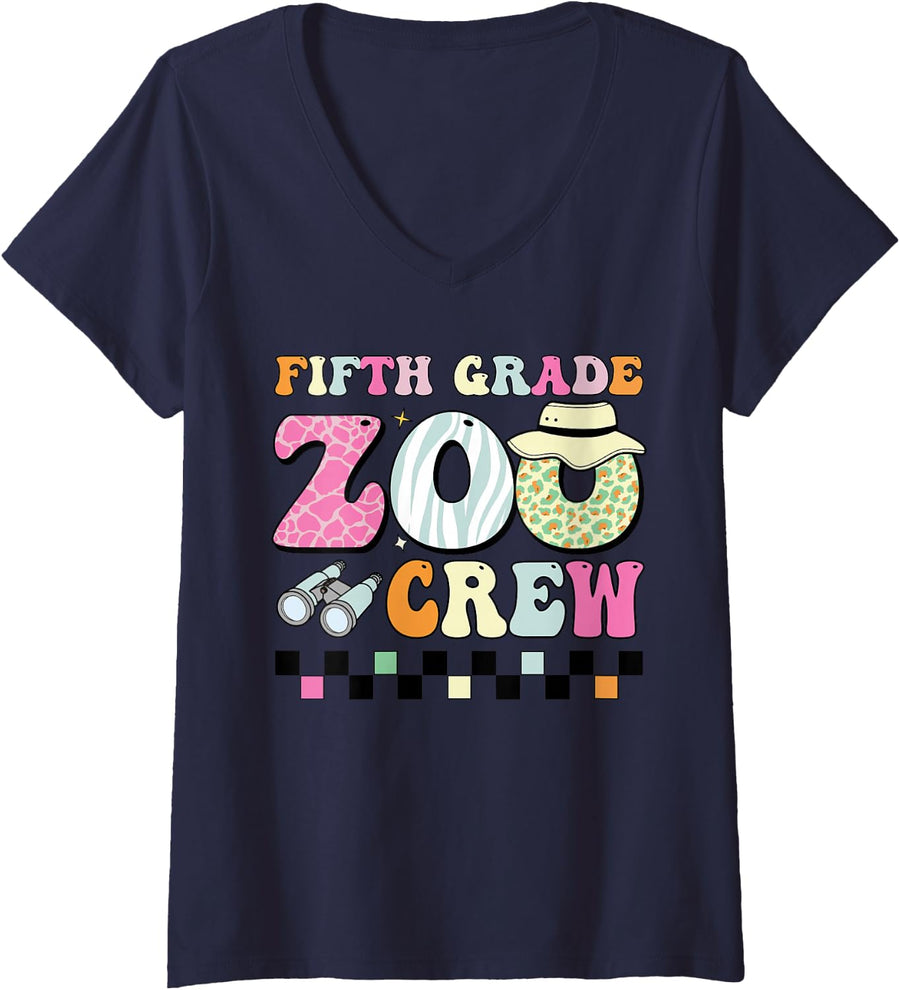 Women's Field Zoo Trip Shirt for Teacher, Fifth Grade Crew V-Neck T-Shirt - Navy Blue