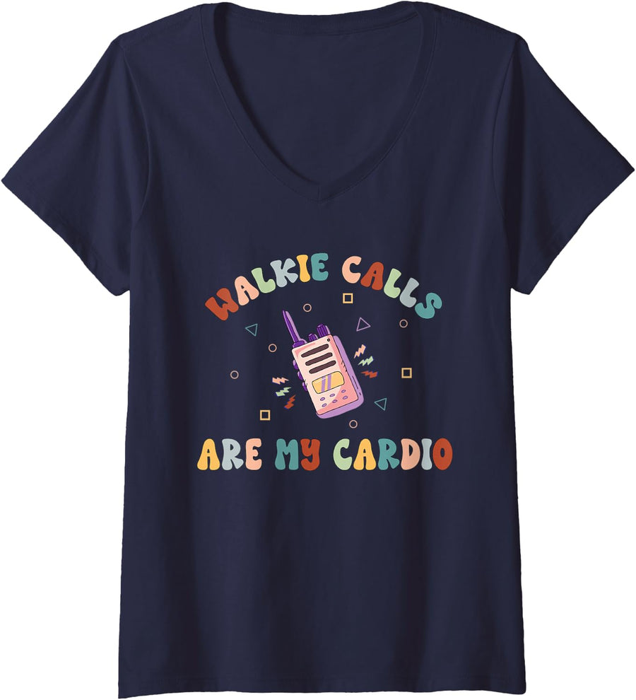 Women's Walkie Calls are My Cardio Special Education Teacher School V-Neck T-Shirt - Navy Blue