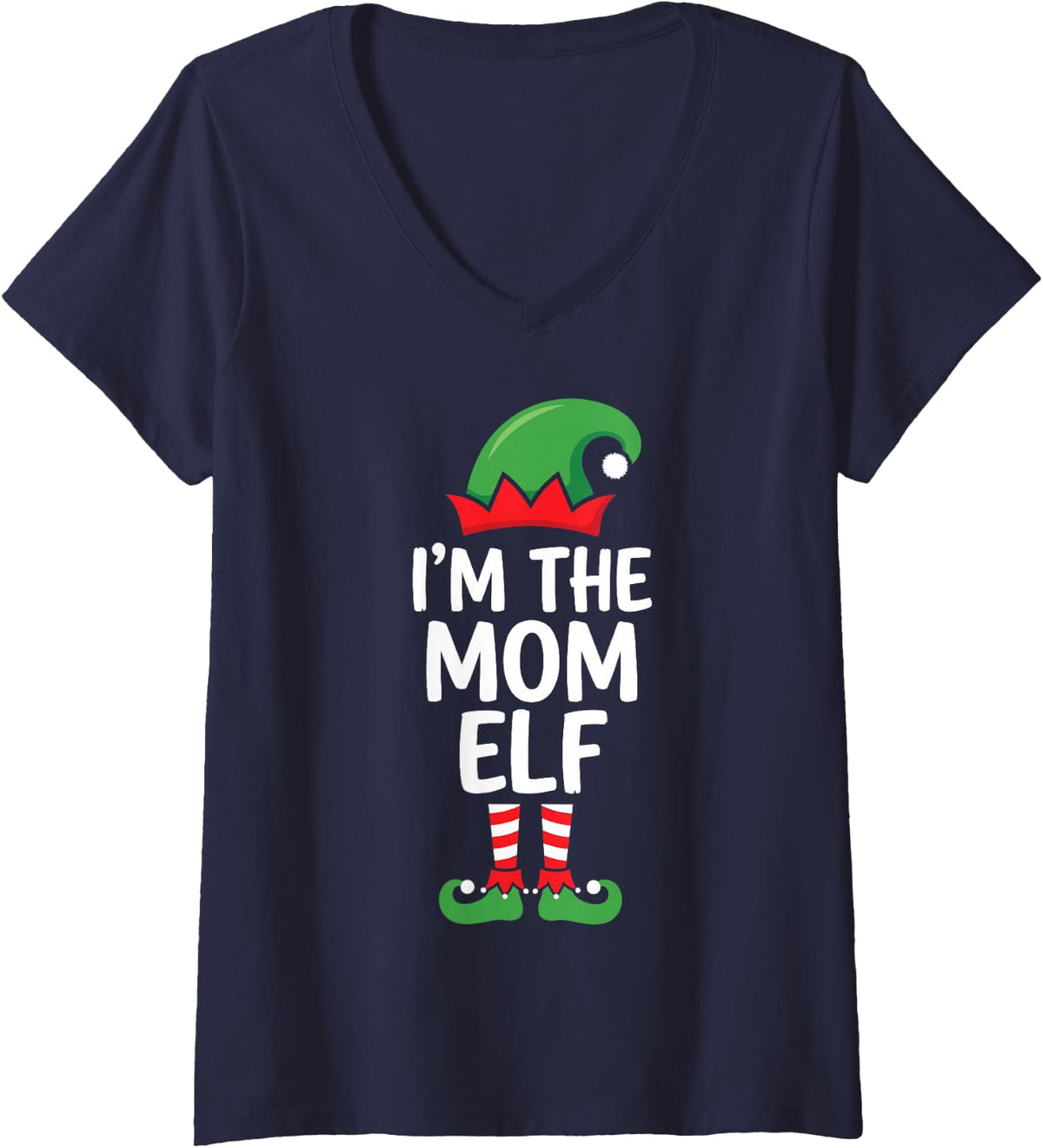 Women's I'm the Mom Elf Ugly Christmas Party Funny Family Matching V-Neck T-Shirt - Navy Blue