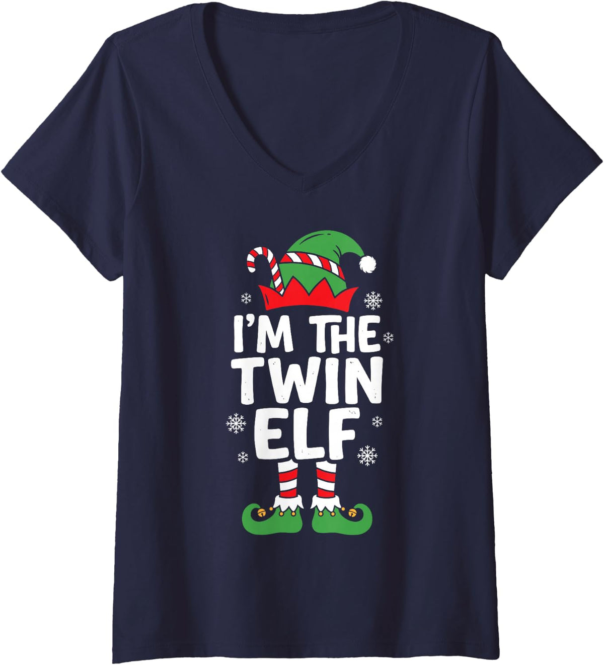 Women's I'm the Twin Elf Cute Christmas Pajama Party Family Group V-Neck T-Shirt - Navy Blue
