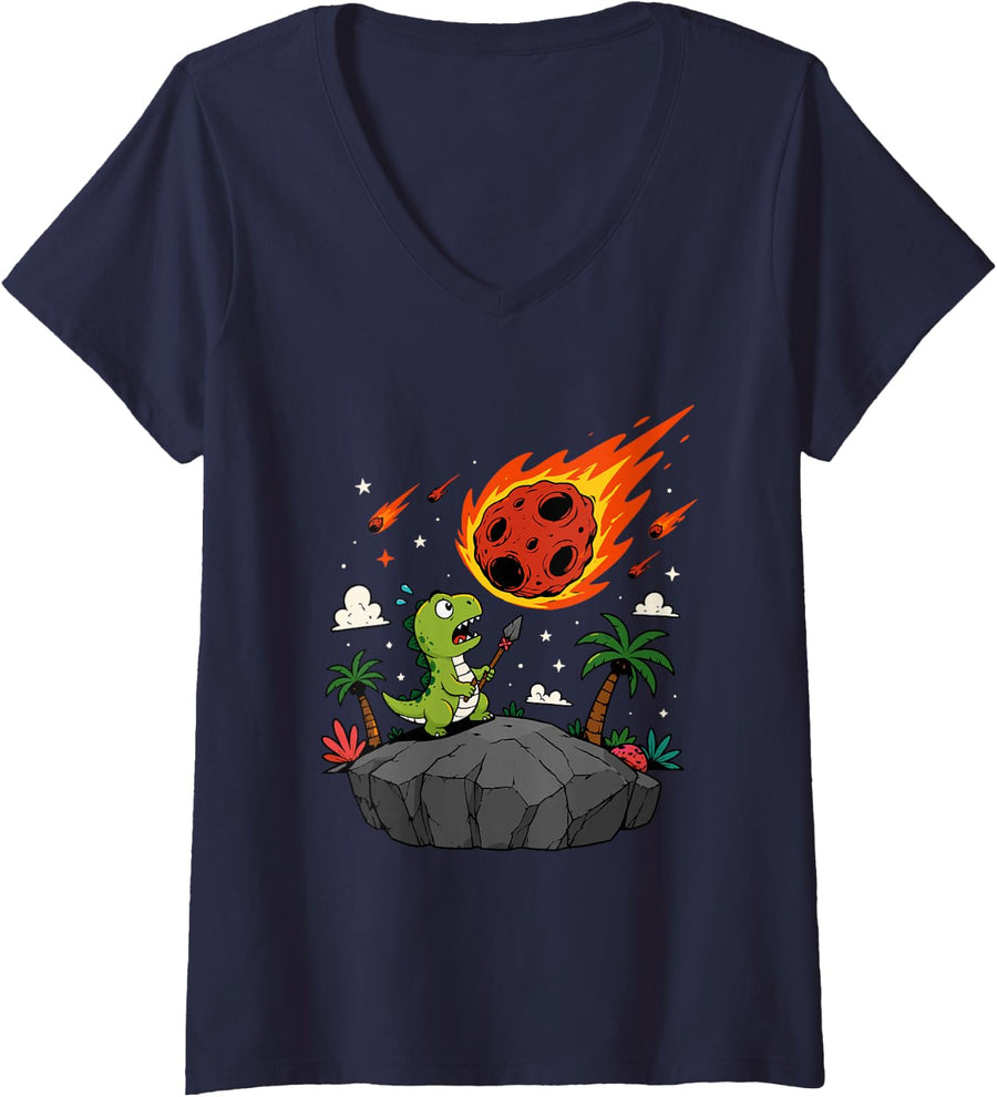 Women's Dinosaur Watching Asteroid Meteor Trex V-Neck T-Shirt - Navy Blue