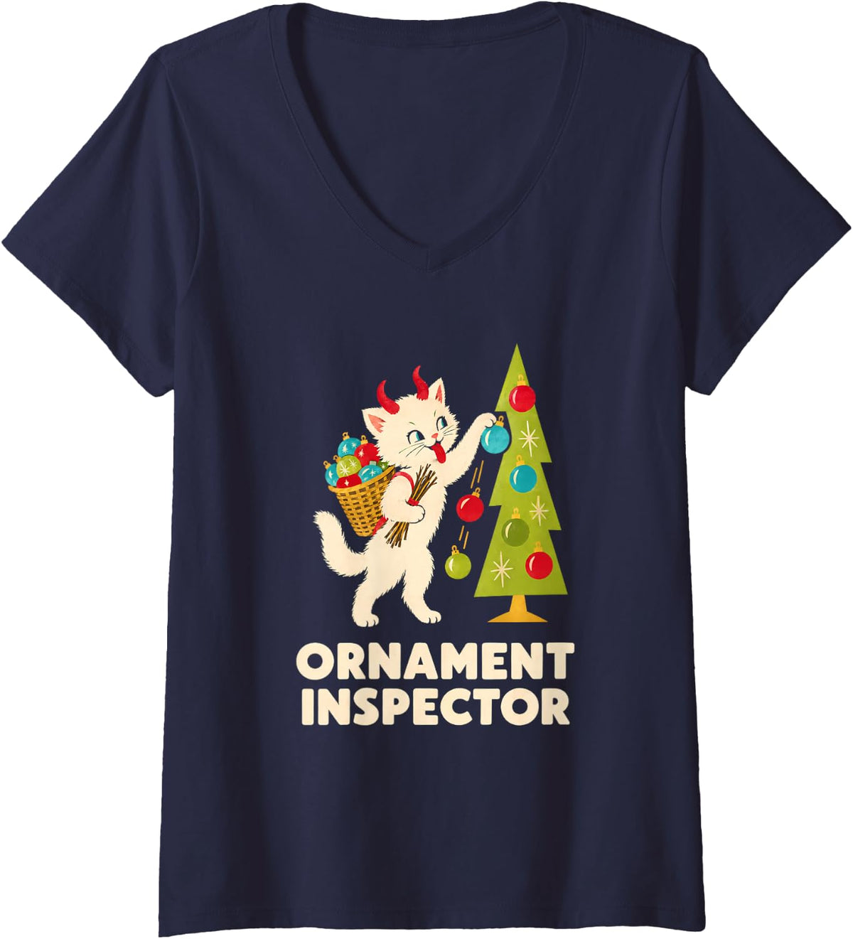 Women's Ornament Inspector Funny Christmas Cat Retro Krampus Kitten V-Neck T-Shirt - Navy Blue