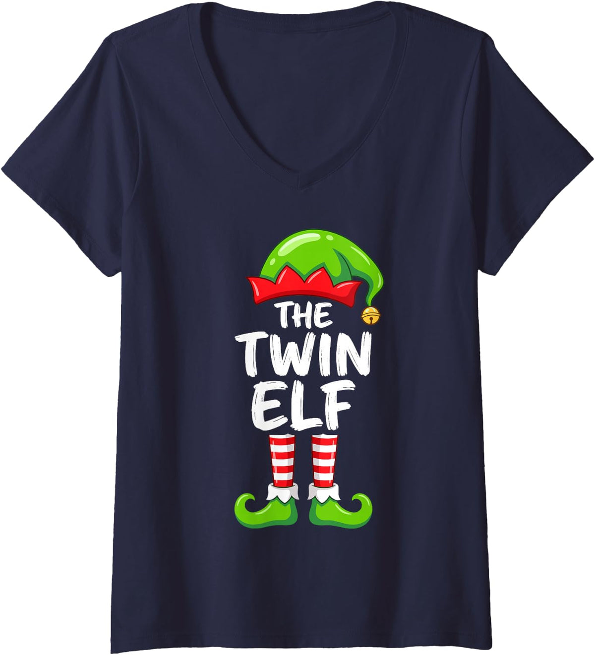 Women's The Twin Elf Cute Christmas Pajama Party Family Group V-Neck T-Shirt - Navy Blue