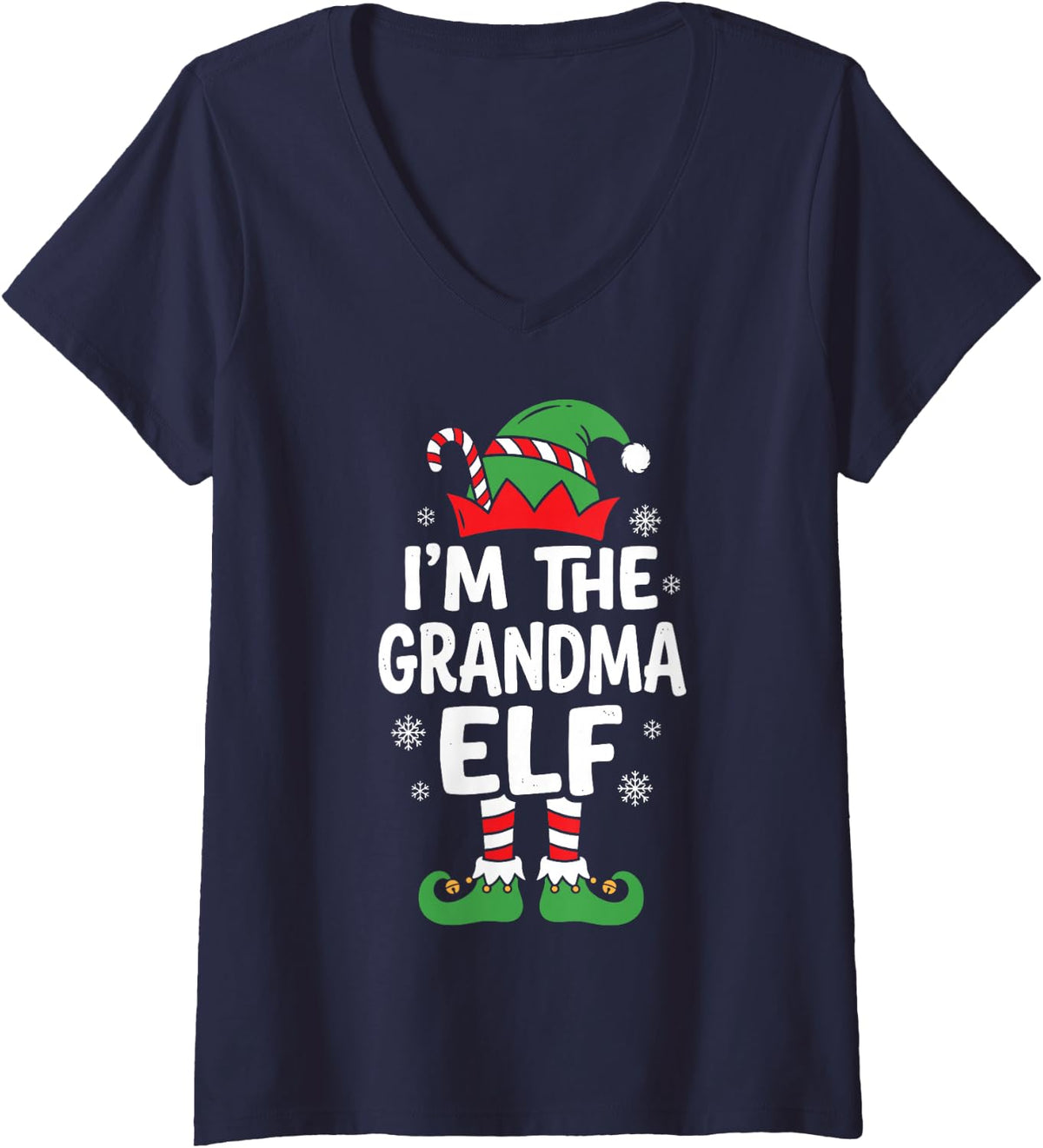 Women's I'm the Grandma Elf Cute Christmas Pajama Party Family Group V-Neck T-Shirt - Navy Blue