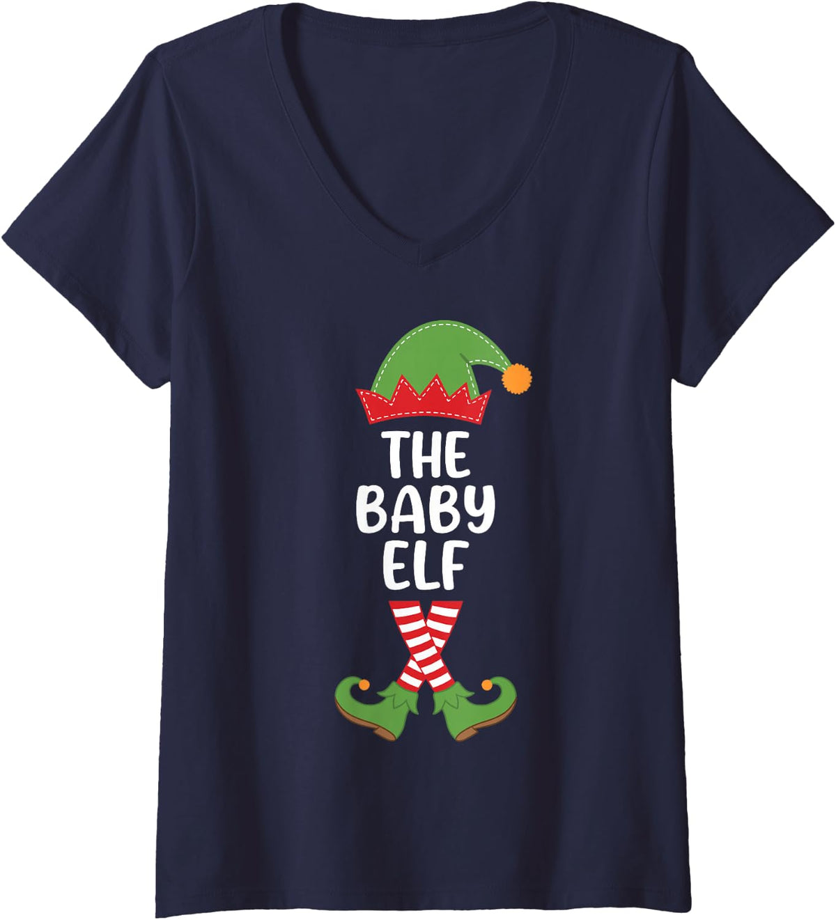 Women's The Baby Elf Holiday Season Merry Xmas Family Matching V-Neck T-Shirt - Navy Blue