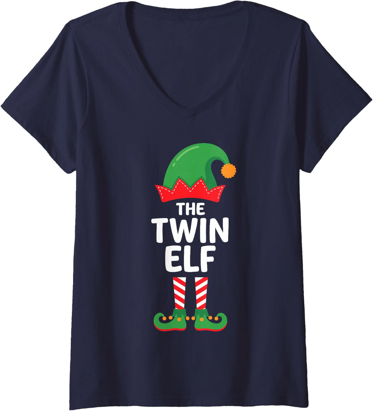 Women's The Twin Elf Ugly Christmas Party Funny Family Matching V-Neck T-Shirt - Navy Blue