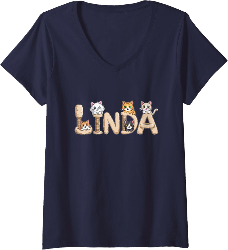 Womens Linda Cat Trees - Personalized Cute Name Word Art V-Neck T-Shirt - Navy Blue