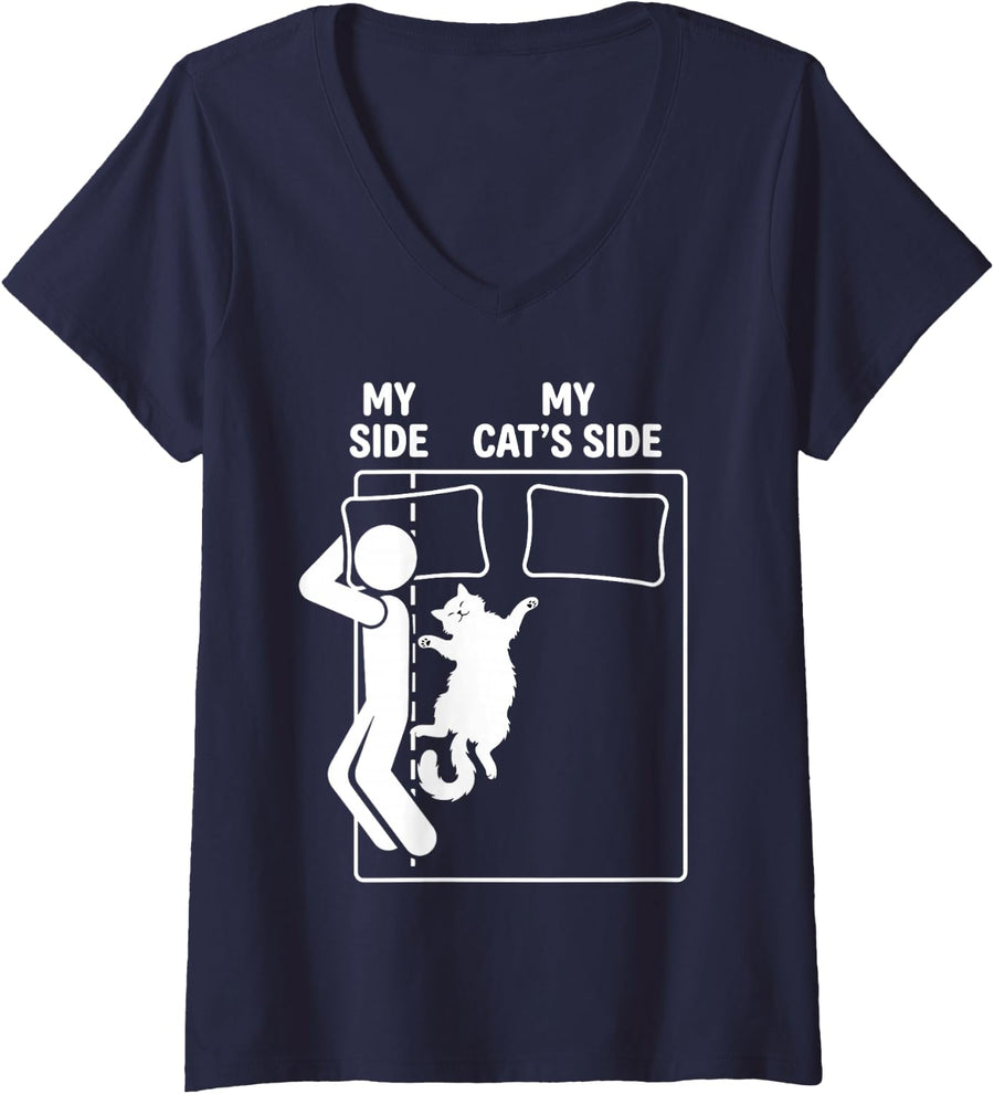 Women's My Side Cat's Side Funny Cat Lover Cat Mom Cat Dad Men Women V-Neck T-Shirt - Navy Blue