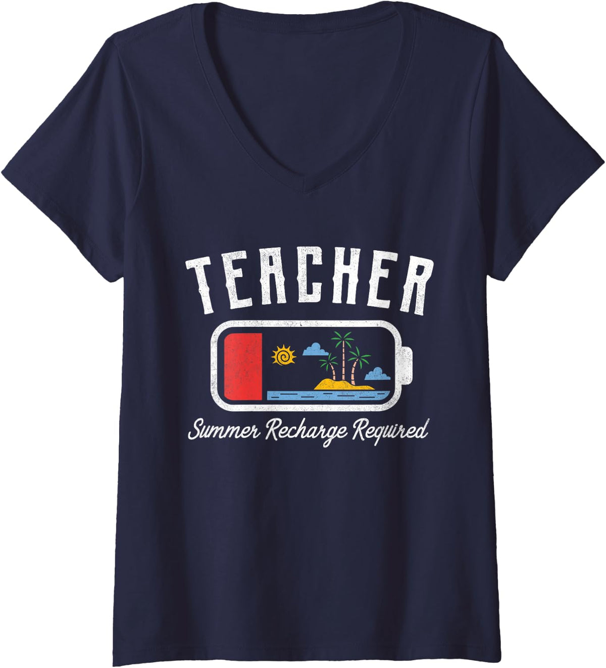 Women's Teacher Summer Recharge Required Last Day School Men Women V-Neck T-Shirt - Navy Blue