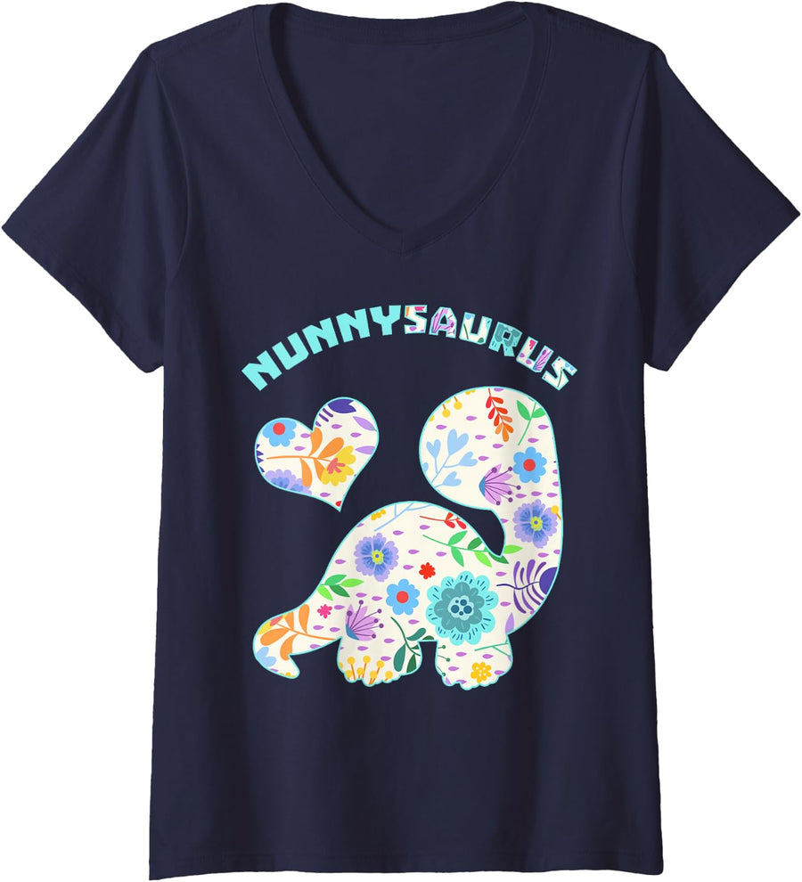 Women's Nunnysaurus Dinosaur Family Relationship Dino Floral V-Neck T-Shirt - Navy Blue