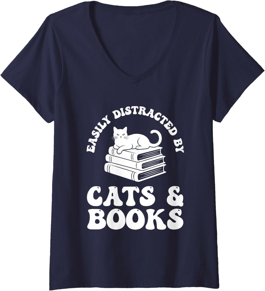 Women's Easily Distracted by Cats and Books Groovy Cat & Book Lover V-Neck T-Shirt - Navy Blue