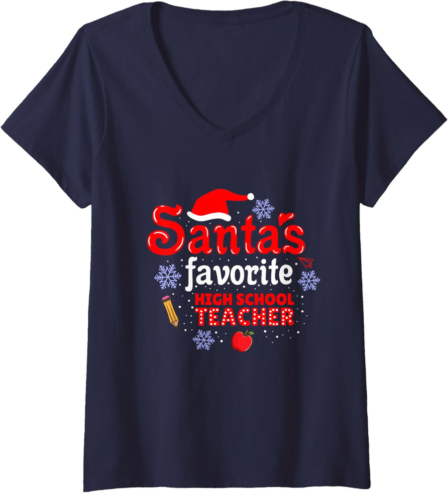 Women's Santas Favorite High School Teacher Christmas V-Neck T-Shirt - Navy Blue