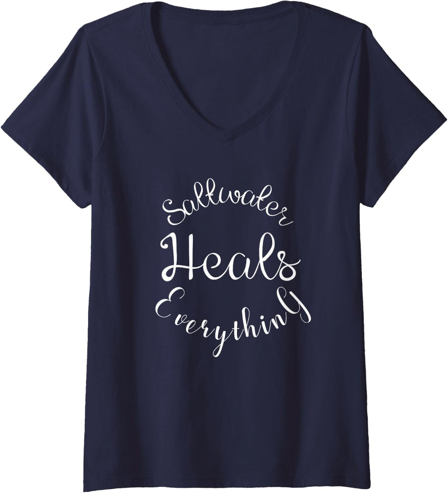 Womens Saltwater Heals Everything Script V-Neck T-Shirt - Navy Blue
