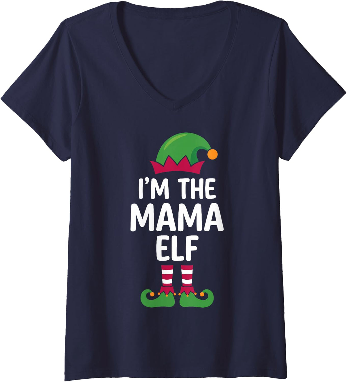 Women's I'm the Mama Elf Funny Matching Family Christmas for Moms V-Neck T-Shirt - Navy Blue