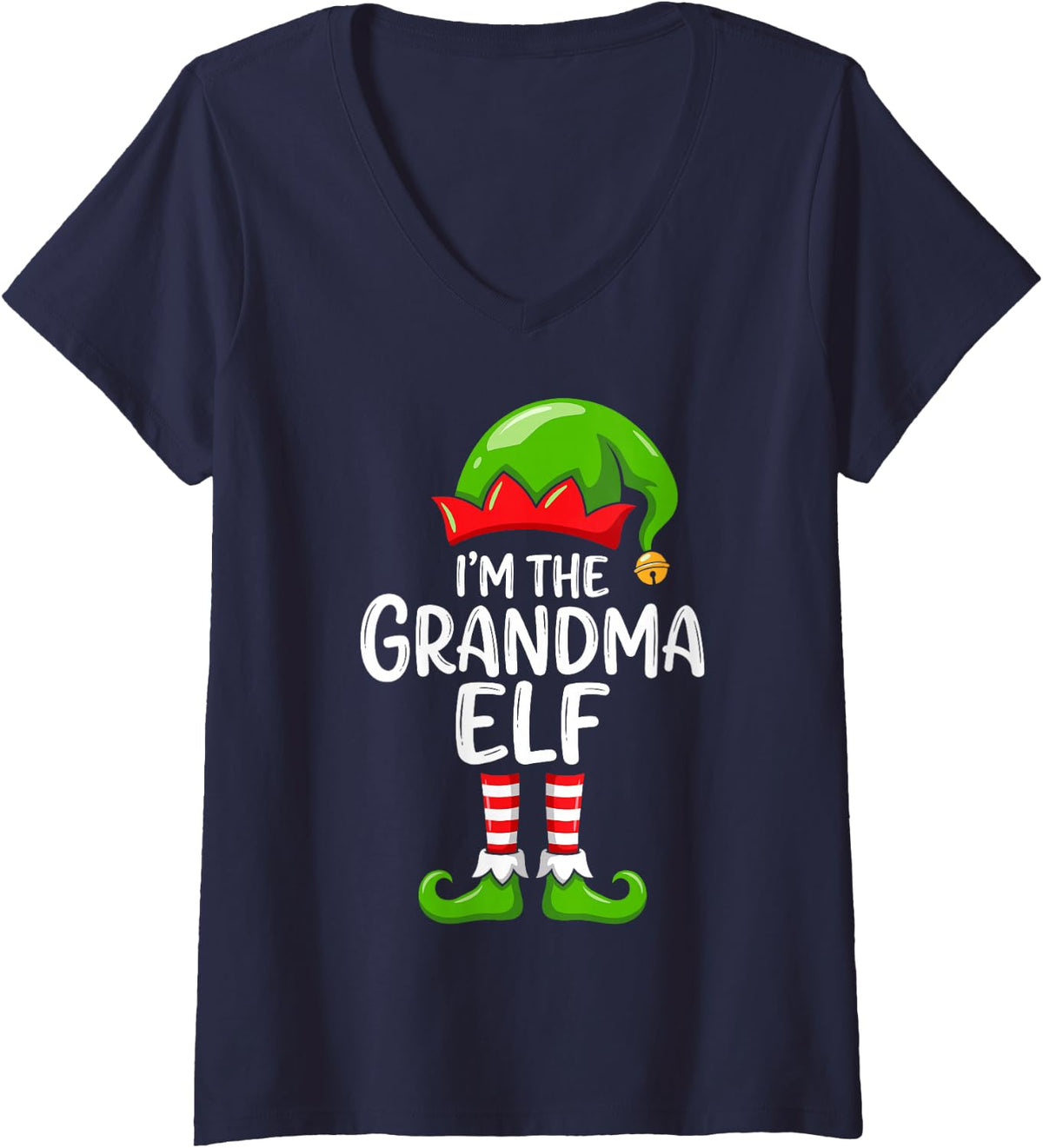 Women's I'm the Grandma Elf Funny Santa's Helper Matching Christmas V-Neck T-Shirt - Navy Blue