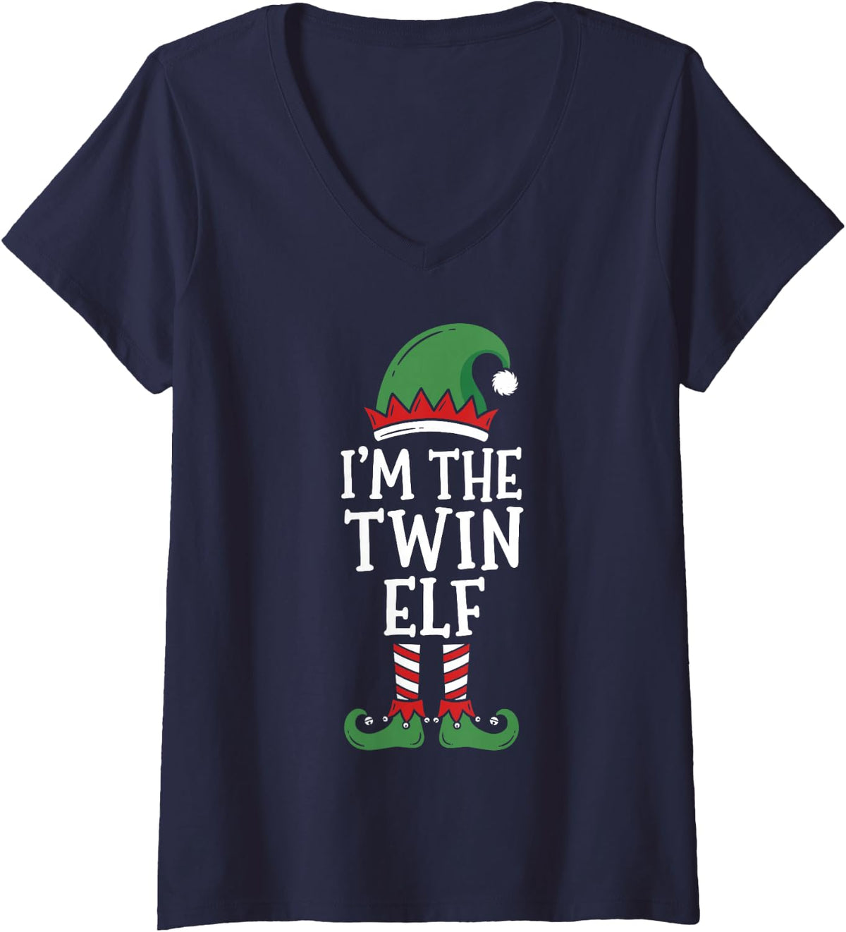 Women's I'm the Twin Elf Matching Family Christmas 2026 Funny Crew V-Neck T-Shirt - Navy Blue