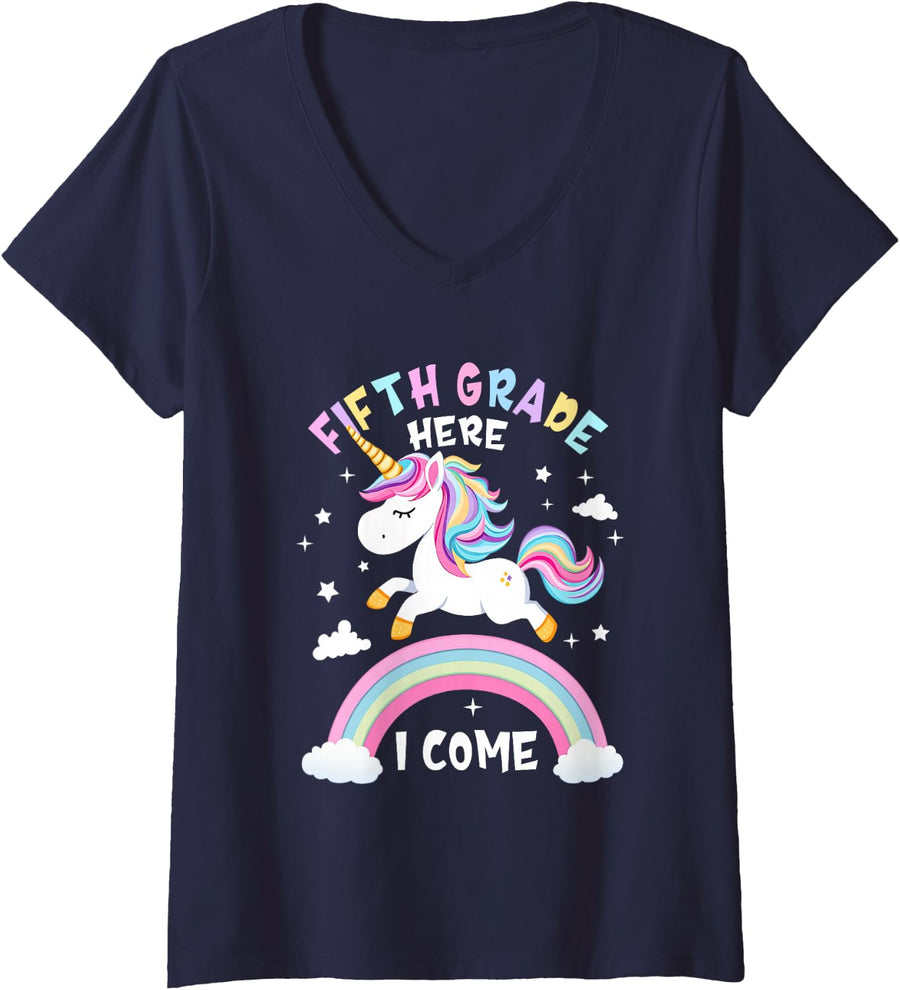 Women's Fifth Grade Here I Come Unicorn First Day of 5th Grade Girls V-Neck T-Shirt - Navy Blue