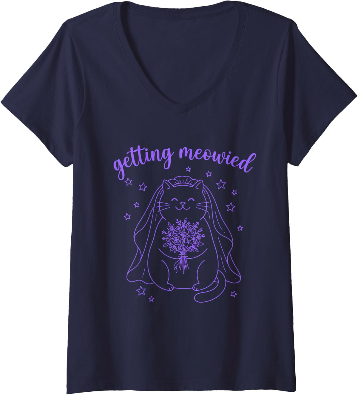 Women's Getting Meowied Funny Cat Wedding Bachelorette V-Neck T-Shirt - Navy Blue